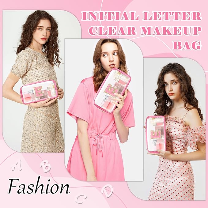 Personalized Initial Letter Clear Makeup Bag,Preppy Small Nylon&PVC Cosmetic Zipper Bag with Chenille Letter,Portable Beach Travel Skincare Toiletry Bag,Trendy Monogram Gift for Teen Girls Women,E