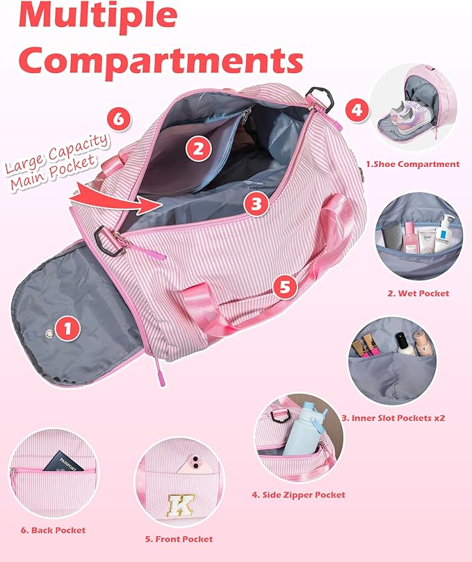 Gift for Teenage Girl, Girls Travel Duffle Bag, Kids Initial Overnight Bags with Shoe Compartment, Personalized Weekender Bag with Makeup Pouch, Dance Recital Gifts for Daughter (Letter N)