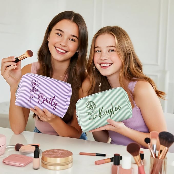 Yofair Personalized Makeup Bag with Bith Flower, Large Capacity Travel Toiletry Case Teen Girl Gift Trendy Stufff Custom Seersucker Cosmetic Bags Birthday Gifts for Girls