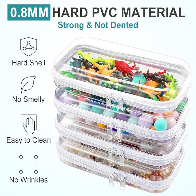 Hoolerry 4 Pcs Hard Clear Zipper Case Makeup Bags Plastic Pencil Pouch Transparent Storage Box Containers for Cosmetics, Snacks, Building Blocks, Puzzles(White,7.5 x 3.9 x 2 in)