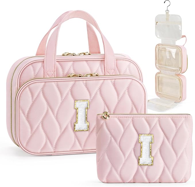 YOOLIFE Travel Toiletry Bag for Women - Hanging Toiletry Bag Initial Makeup Bag, Portable Toiletries Cosmetic Bag, Airplane Travel Essentials - Letter I, Pink