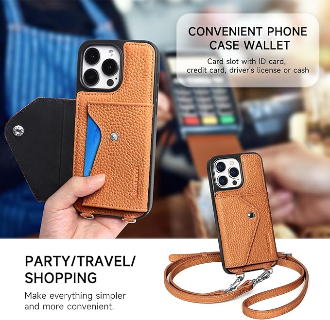 LUCKYCOIN Crossbody Wallet Phone Case for iPhone 15 Pro Max,100% Genuine Leather Wallet Phone Case with Expandable Flip Card Holder,Phone Purse for Women with Adjustable Removable Strap - Pebble Brown