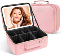 JUSRON Travel Makeup Bag With LED Mirror, Train Case with Light up Mirror, Portable Makeup Artist Organizer Bag with Adjustable Dividers, Makeup Brush Holder Storage (Pink, Large)