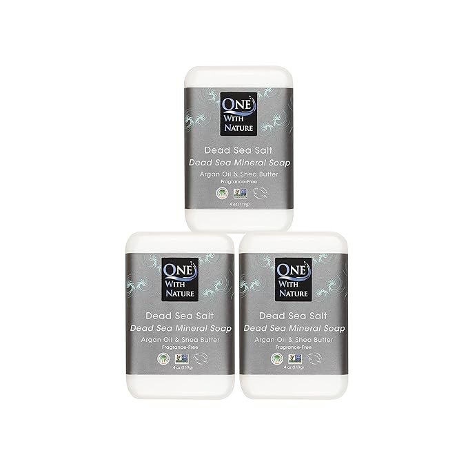 One With Nature Dead Sea Salt Soap 4oz 3-Pack – Purifying Soap Bar with Dead Sea Minerals for Face & Body, for Men & Women. Unscented.