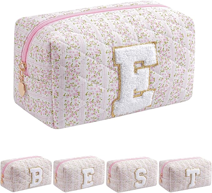 JOVAKIT Alphabet Makeup Bag Cosmetic Bag for Women, Christmas Gifts for Girls Age 6-18, Floral Flowers Coquette Travel Toiletry Zipper Make Up Pouch Organizer Trendy Stuff (Pink Floral E)