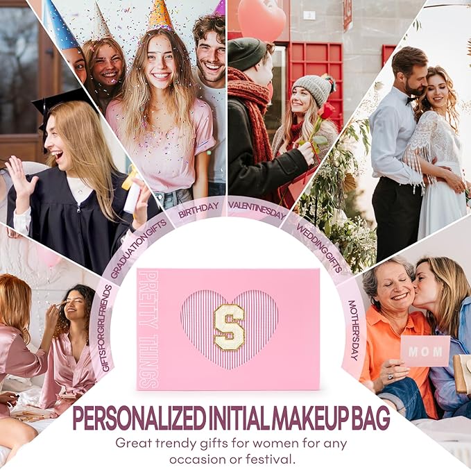 2 PCS Initial Makeup Bags for Women: Cosmetic Bag for Travel Toiletry - Birthday Gifts for 11 12 13 14 15 16 17 18 Years Old Girl Graduation Teacher Gift- Teen Girl Gifts Trendy Stuff - Pink S