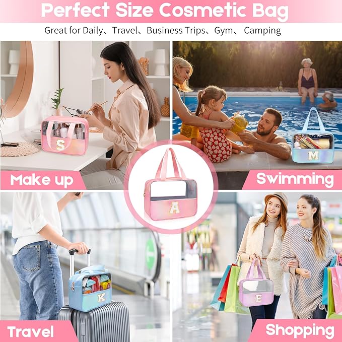 Initial Clear Makeup Bag Personalized Pink Clear Cosmetic Bag, Cute Large Make Up Bags Organizer Bag, Travel Toiletry Bag for Women Girl Gifts J (Pink)