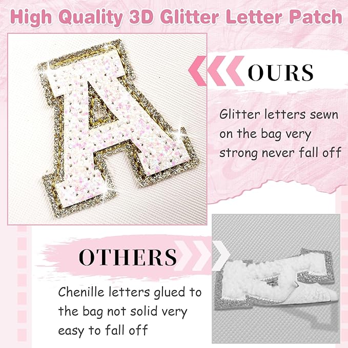 Small Initial Patch Makeup Bag Personalized Gifts Make Up Bag,White Cute PU Leather Glitter Letter Cosmetic Bag with Zipper,Trendy Portable Travel Toiletry Pouch,Preppy Stuff for Teen Girls Women W