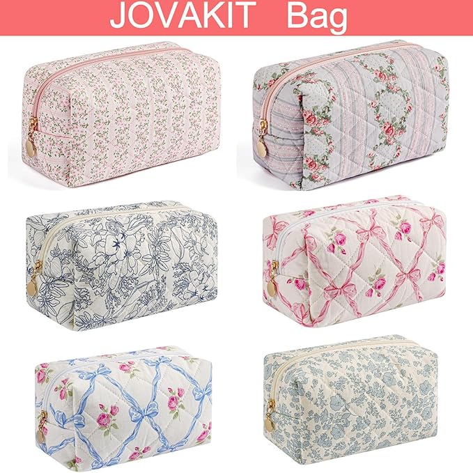 JOVAKIT Square Makeup Bag Cute Cosmetic Bag for Women, Floral Coquette Aesthetic Toiletry Bag, Zipper Make Up Pouch, Travel Make Up Organizer Bag (White Small Flower)