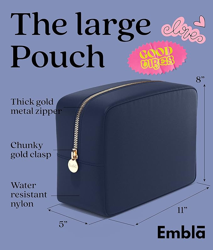 Embla Makeup Bag Travel Cosmetics Pouch and Toiletry Bag, Nylon Zipper Pouch Purse, Cute Make Up Organizer Storage Tote for Women Girls, Travel Skincare Case, Large Makeup Bags, Sapphire