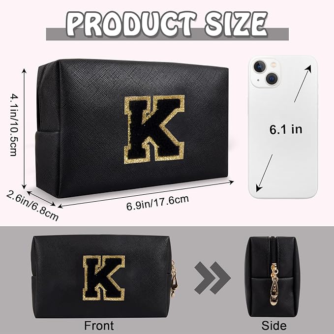Personalized Small Preppy Makeup Bag, Chenille Letter Black Initial Cosmetic Zipper Pouch Toiletry Organizer, Waterproof PU Leather Make Up Storage Travel Essentials for Female Girl Teacher(Letter K)