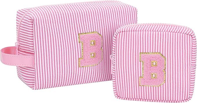 MONSTINA Cute Makeup Bag for Girls&Women Personalized Initial Toiletry Bag,Make Up Case for 11 12 13 14 15 16 Years Old Teen Girls Gift Trendy Stuff Birthday Gift for Her,2PCS Pink B
