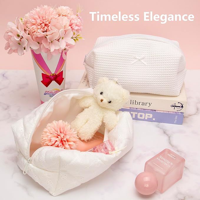 PAZIMIIK 2PCS Cozy Makeup Bag Travel Cosmetic Bag for Women Soft Toiletry Bag Aesthetic Makeup Organizer Portable Large Zipper Pouch for Skincare Beauty Accessories Brushes Embroidery White