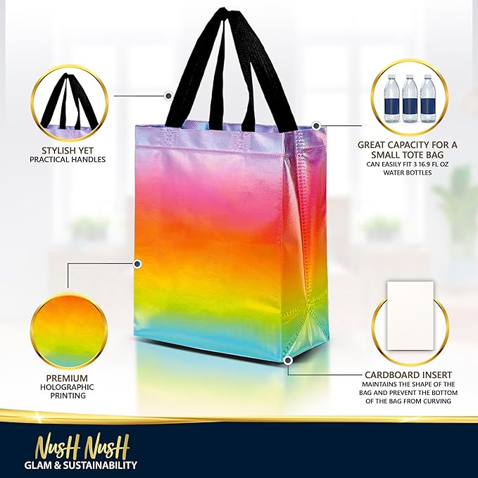 Nush Nush Rainbow Gift Bags in 3 Colorful Design - Set of 12 Reusable Gradient Gift Bags With Handles - Ideal Goodie Bag for Birthday Party Favors, Thanksgiving, Holiday, Kids Party - 8"x4"x10"