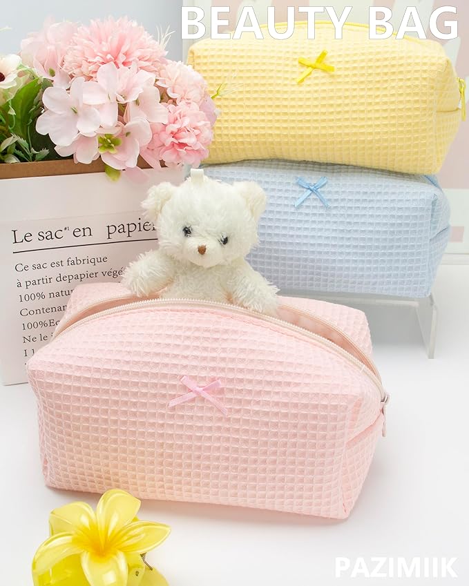 PAZIMIIK 2PCS Cozy Makeup Bag Travel Cosmetic Bag for Women Soft Toiletry Bag Aesthetic Makeup Organizer Portable Large Zipper Pouch for Skincare Beauty Accessories Brushes Waffle Check Light Pink