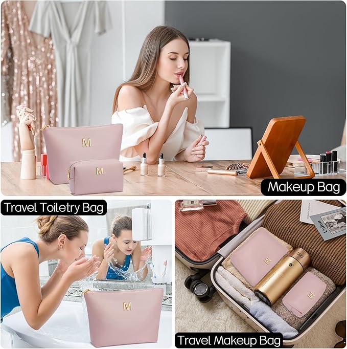 Women Gifts | Initial Makeup Bag Set for Girl Personalized Gifts for Bridesmaid Friend Graduation Teachers PU Leather Cosmetic Travel Toiletry Bag(Pink,M)