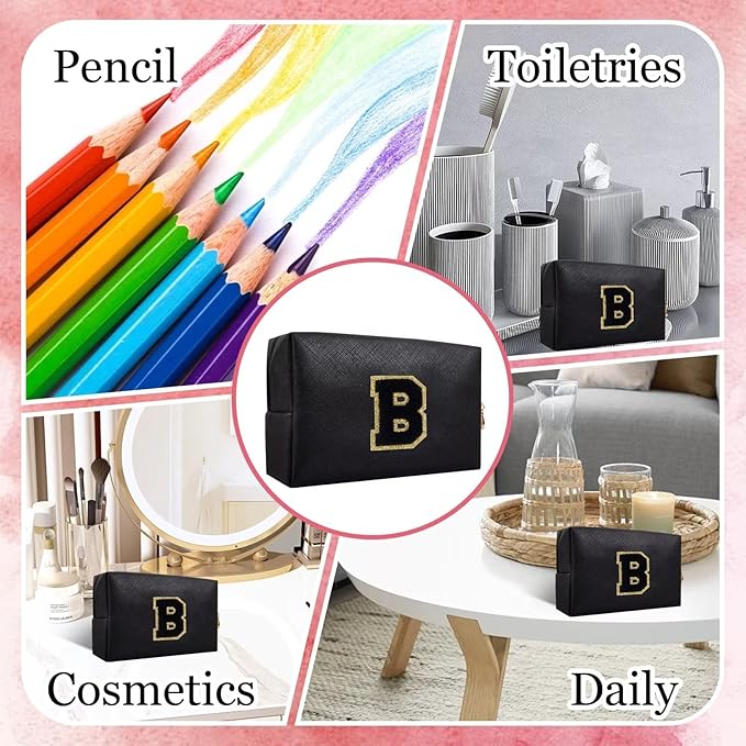 Small Personalized Letter Makeup Bag, Cute PU Leather Chenille Letters Cosmetic Bag Travel Makeup Pouch, Preppy Travel Organizer Zipper Pouch for Women&Girls（Black-B）