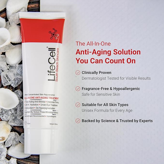 LifeCell All In One Anti-Aging Cream – Reduces Wrinkles, Fine Lines, Dark Circles & Sun Damage – Retinol, Vitamin C, DMAE & Hyaluronic Acid – Fragrance-Free, for All Skin Types (2.54oz), 2-Pack