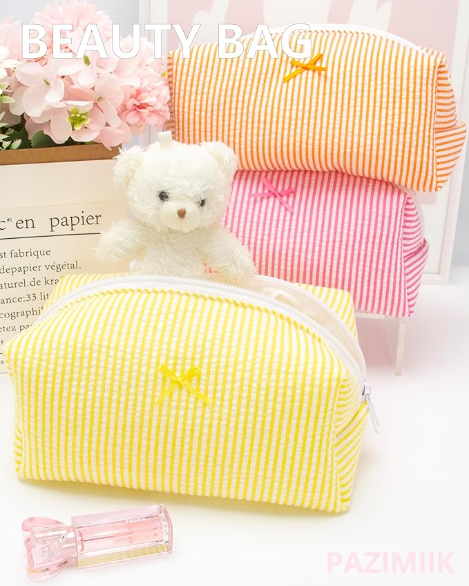 PAZIMIIK 2PCS Cozy Makeup Bag Small Aesthetic Travel Zipper Cosmetic Pouch for Women Make Up Beauty Accessories Brushes, Stripe Yellow