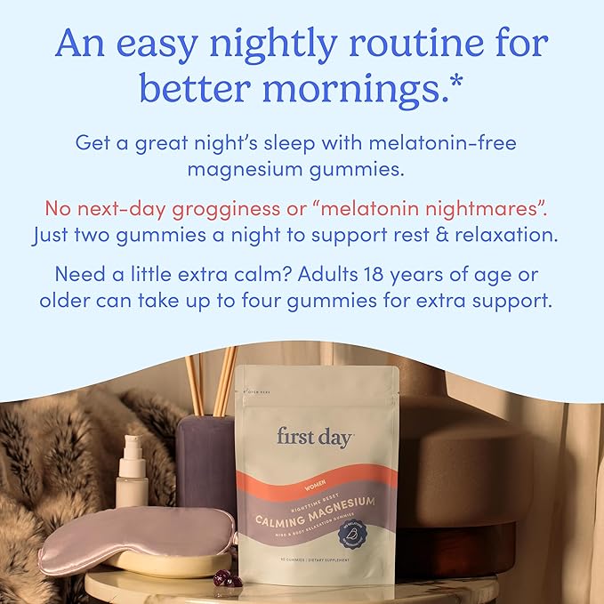 First Day Women’s Nighttime Reset Calming Magnesium Gummies – Sleep Aid Supports Peaceful Rest, Balanced Mood & Energy – Supplement with Magnesium Citrate, L-Theanine & No Melatonin – 30-Day Supply