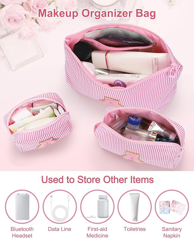MONSTINA Personalized Initial Makeup Bag for Women,Make Up Case for Girlfriend Bridesmaid Wife,Birthday Gift for Her Cute Toiletry Bag,Period Bag Sanitary Napkin Storage Bag|Tampon Pouch,3PCS,Pink Y