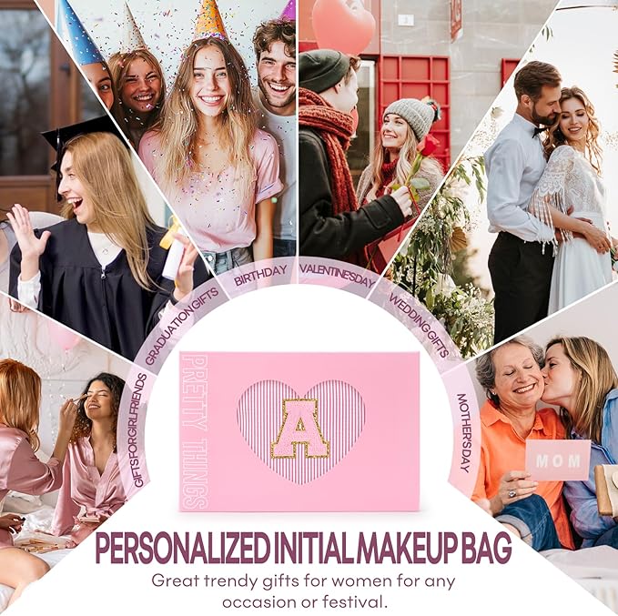 mibasies 2 PCS Initial Makeup Bags for Women: - Birthday Gifts for Teen Girls 11 12 13 14 15 16 Years Old - Preppy Trendy Stuff - Cosmetic Bag for Travel Toiletry - Pink A