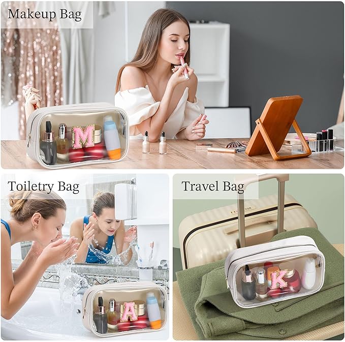 YOOLIFE Initial Travel Makeup Bag Pouch, Clear Toiletry Bag for Women Travel Accessories Cosmetic Bag Skin Care for Teen Make Up Bags Birthday Gifts for Women Unique Teacher Mom Friends Gifts White B