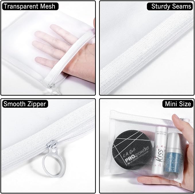 8 Pack Mini Zipper Mesh Makeup Bags, Nylon Cosmetic Bags Toiletry Purse Travel Organizer Bags Inside Bag for Office Travel Organization (White, S)