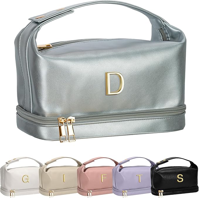 Customized Gifts for Women, Monogrammed Makeup Bag with Handle, Initial Double Layer Cosmetic Bag with Makeup Brush Organizer, Cute Cosmetic Pouch for Women, Gifts for Friends Female Mom