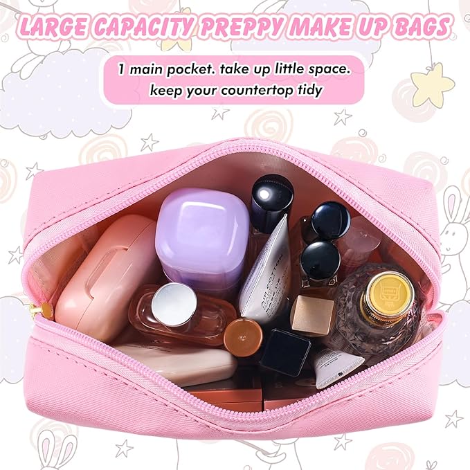 Initial Makeup Bag Personalized Preppy Travel Small Cosmetic Bag Cute PU Pink Chenille Letter Makeup Pouch for Purse Waterproof Zippered Toiletry Organizer for Women Girls Kids Friends (V)