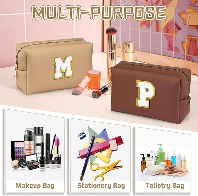 TOPEAST Initial Makeup Bag for Travel, Chenille Letter Pouch Cosmetic Bag, PU Leather Waterproof Toiletry Bag, Personalized Gifts for Bride Bridesmaids, Cute Things for Girls (Khaki Q)