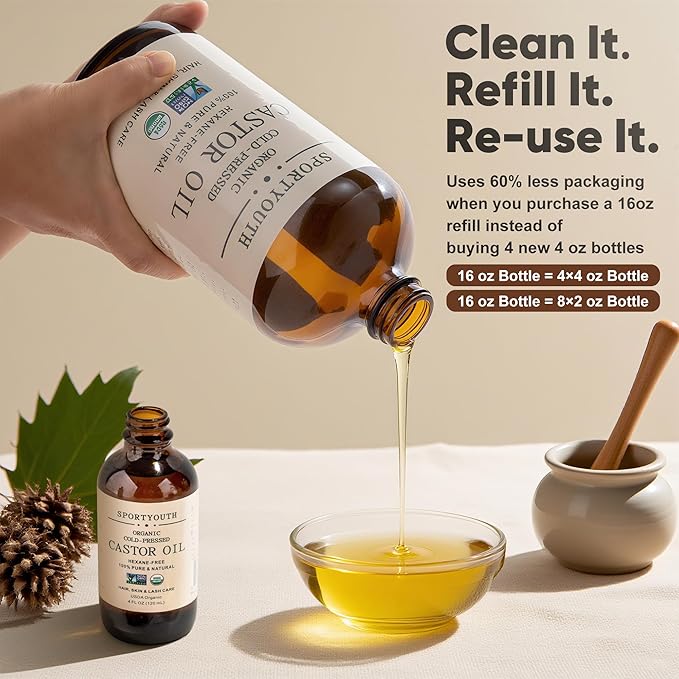 SPORTYOUTH Castor Oil Organic Cold Pressed Hexane Free USDA Certified 100% Pure Unrefined Glass Bottle 16 oz Carrier Oil for Hair Growth, Scalp, Castor Oil Pack, Eyelashes, Brows, Skin, Face, Body