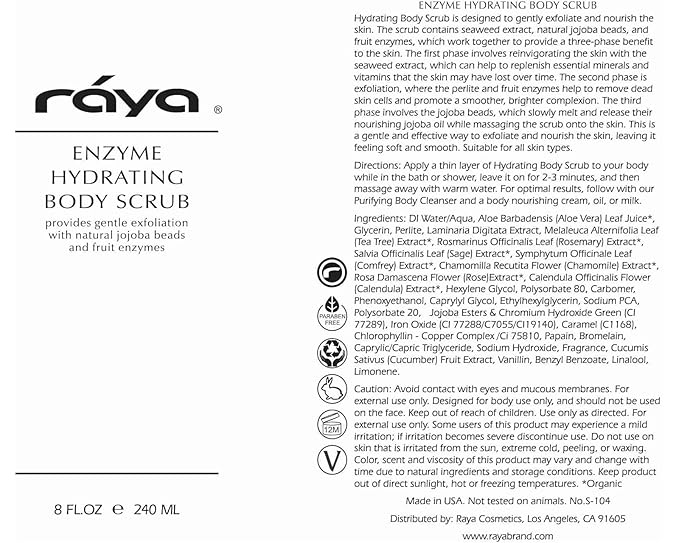 RAYA Enzyme Hydrating Body Scrub 8 oz Pineapple Scent (S-104) | Gentle and Exfoliating Body Scrub | Made with Seaweed, Jojoba Beads, and Fruit Enzymes