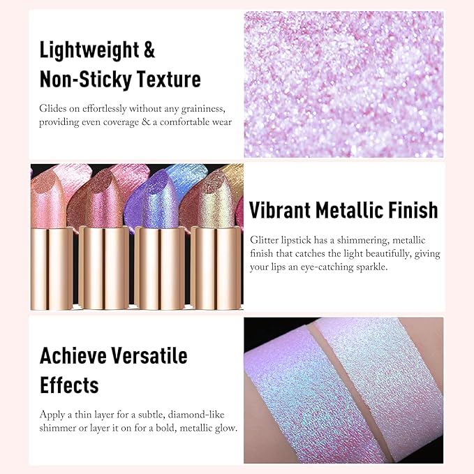 Purple Metallic Lipstick, Holographic Glitter Lip Stick for Women Makeup Long Lasting Lightweight Non-Sticky Hydrating Lip Tinted Full Coverage High-Shine Sparkling Shimmer Chameleon Lipstick