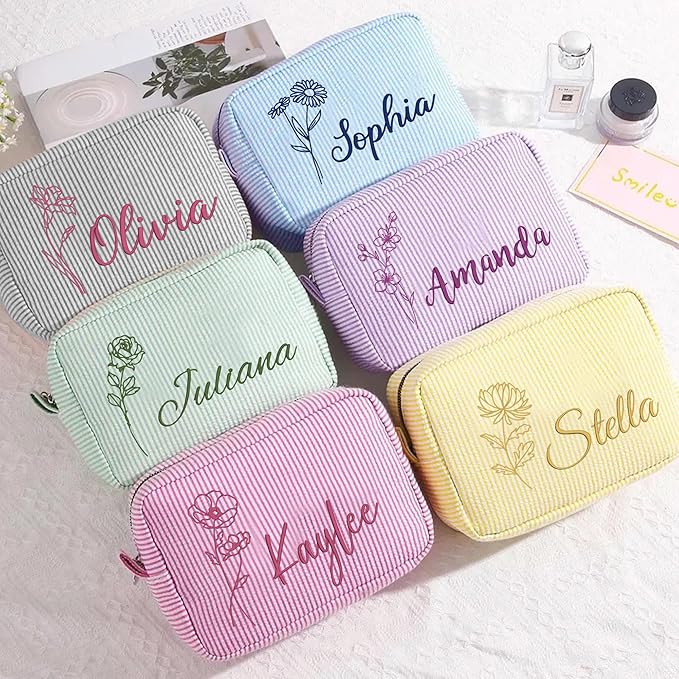 Yofair Personalized Makeup Bag with Bith Flower, Large Capacity Travel Toiletry Case Teen Girl Gift Trendy Stufff Custom Seersucker Cosmetic Bags Birthday Gifts for Girls Women