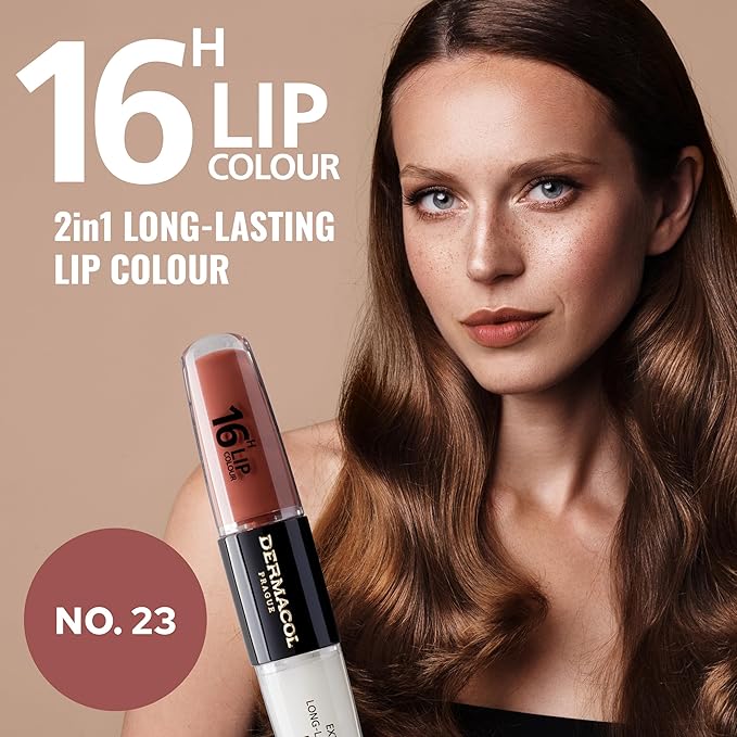 Dermacol NEW 16-Hour Lip Colour, Highly Pigmented Glossy Lip Stain, Two-Phase Lip Plumper Gloss, Kissproof Lip Makeup Products with Matte and Glitter Finish, n. 23
