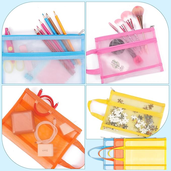 6 Pack Mesh Zipper Pouch Bags, Double Layer Nylon Pouch with Handle for Office Travel Organization (Yellow, A5)