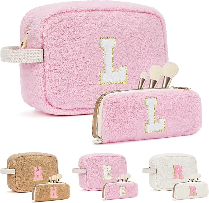 2PCS Makeup Bag with Initials, Christmas Day Gifts for Teen Girls Trendy Stuff, Personalized Cosmetic Travel Bag Pouch for Granddaughter, Cute Plush Make up Bags for Birthday - Pink L