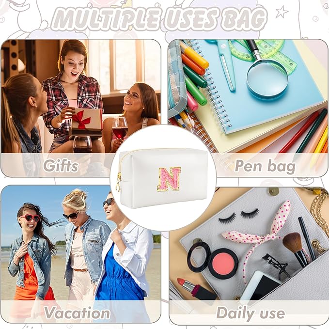 Initial Makeup Bag Personalized Preppy Travel Small Cosmetic Bag Cute PU White Chenille Letter Makeup Pouch for Purse Waterproof Zippered Toiletry Organizer for Women Girl Kid Friends(N)