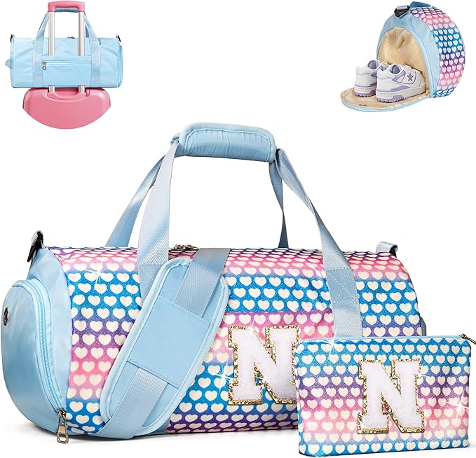 9 Year Old Girl Birthday Gifts, Girls Travel Duffel Bag, Kids Initial Overnight Bags with Shoe Compartment, Initial Duffle Bag with Makeup Pouch, Holiday Gift for Grandkids (Letter N)