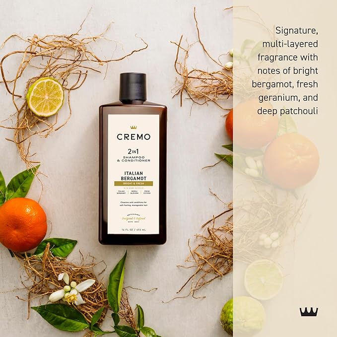 Cremo Italian Bergamot 2 in 1 Shampoo & Conditioner for Men, Notes of Italian Bergamot, Neroli Blossom, and Fresh Vetiver, 16 Fl Oz