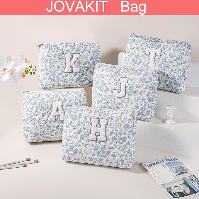 JOVAKIT Alphabet Makeup Bag Cosmetic Bag for Women, Christmas Gifts for Girls Age 6-18, Floral Flowers Coquette Travel Toiletry Zipper Make Up Pouch Organizer Trendy Stuff (2Pcs Blue Floral K)