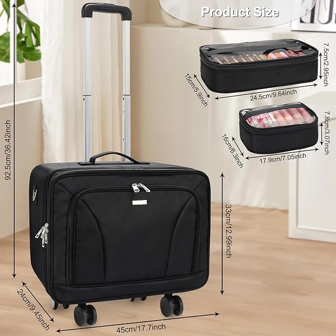 Relavel Extra Large Makeup Case Rolling Travel Train Case with 360° Spinner Wheels, 3 Layer with Insulation Compartment & Four Clear Storage Bags, Professional Makeup Artist Bag Set, Black