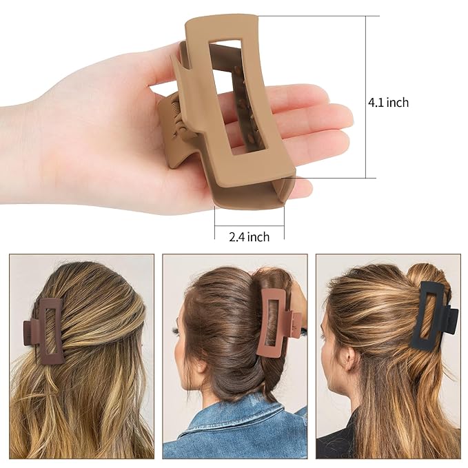 4 Inch Big Hair Claw Clips 6 Pcs Large Claw for Thick Hair Square Hair Clips for Women Rectangle Hair Clips Nonslip Acrylic Banana Jaw Clips Hair Accessories for Girls (Coffee)