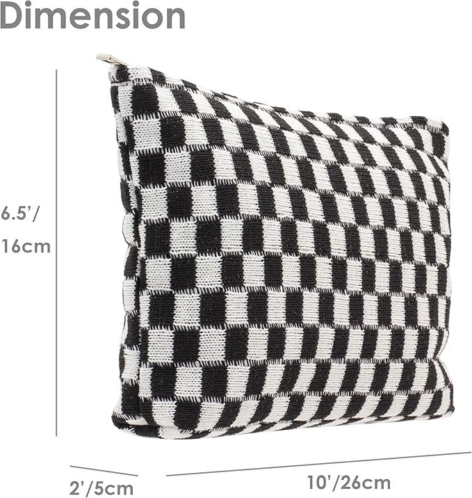 PAZIMIIK Knitted Checkered Makeup Bag Large Zipper Make Up Accessory Pouch for Purse Cosmetic Brush Bag for Travel Essential,Black