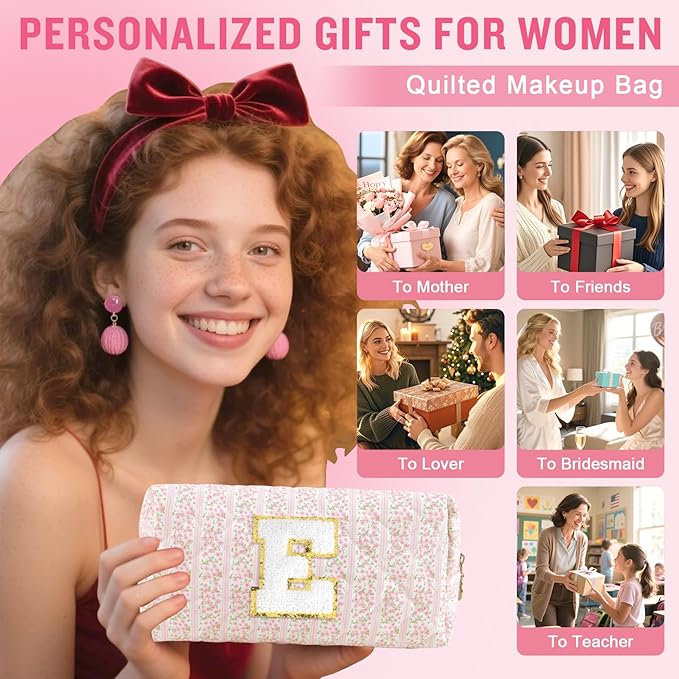 Personalized Quilted Cosmetic Bag, Puffy Monogrammed Christmas Birthday Gifts for Women & Girls, Cute initial Floral Makeup Bag Puffer Coquette Bag, Aesthetic Travel Toiletry Zipper Pouch(Pink,E)