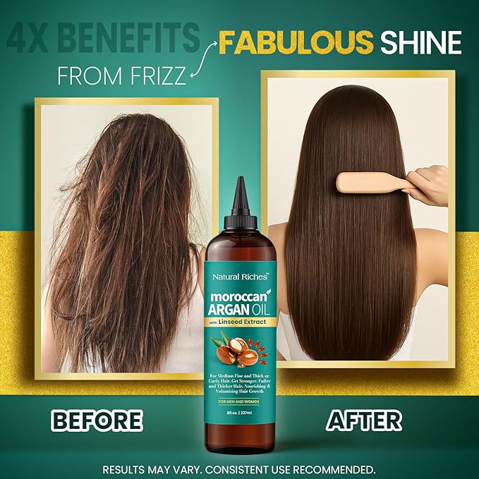 Natural Riches Moroccan Argan Oil with Linseed Extract, Hair Treatment for All Hair Types, Smooths frizz, detangles, conditions and boosts shine 8 Fl Oz