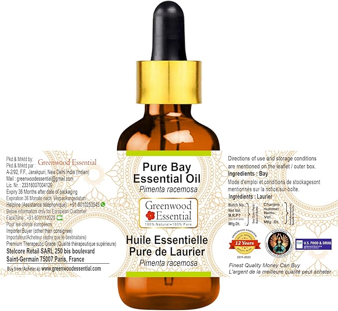 Greenwood Essential Bay Essential Oil (Pimenta racemosa) with Glass Dropper | Pure | Non-Sticky | Non-Greasy | Lightweight | Men & Women | All Skin Types | Steam Distilled 50ml (1.69 oz)