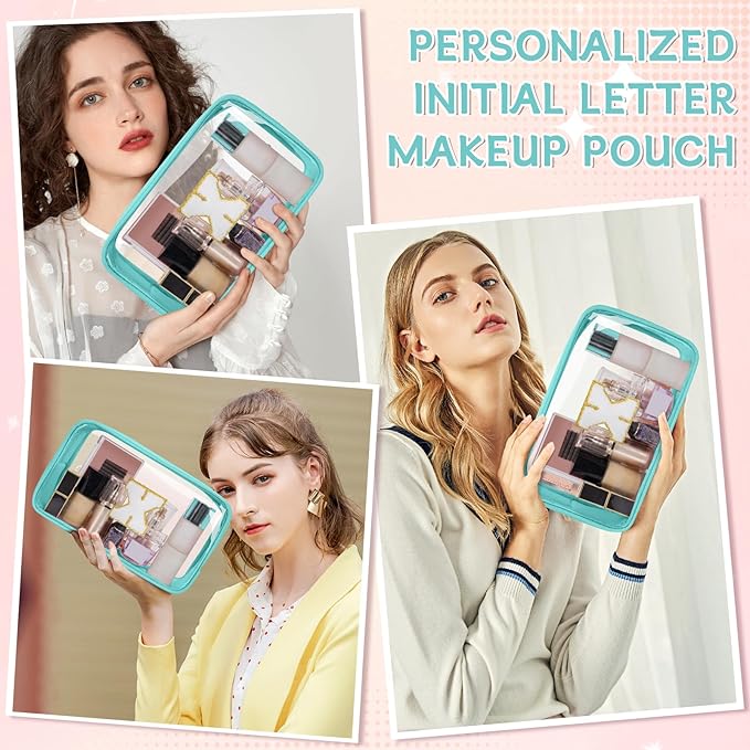 Personalized Initial Clear Makeup Bag, Travel Chenille Patch Cosmetic Bag, Preppy Toiletry Bag Monogram Cosmetic Pouch with Zipper, Ideal Gift for Teen Girls Women (Clear-Green, X)