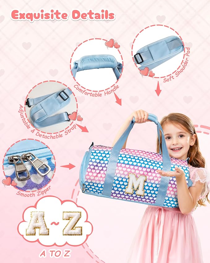 Birthday Gifts for Daughter, Girls Travel Duffel Bag, Kids Initial Overnight Bags with Shoe Compartment, Initial Duffle Bag with Makeup Pouch, Gift for 8-12 Year Old Girl (Letter I)